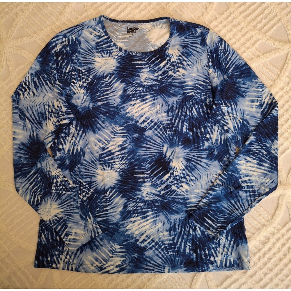 Lands' End Womens Large L 14-16 Rash Guard Blue White Tropical Long Sleeve Shirt